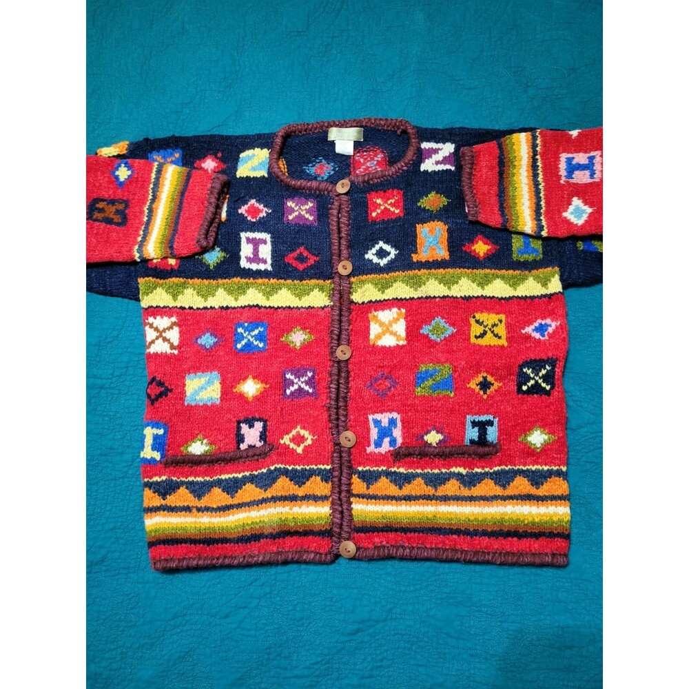 Vintage Womens Sweater Wool Small (FIT LARGE) Button Down Aztec Retro 23.5 PTP
